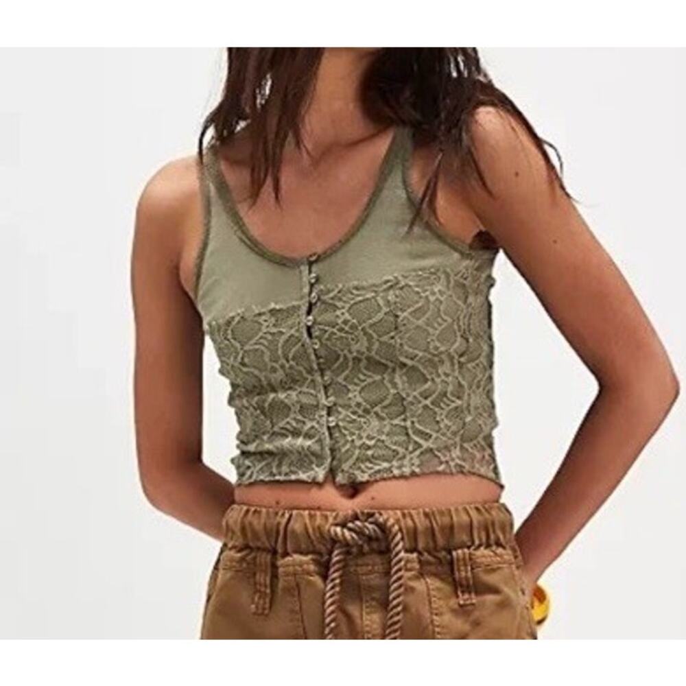 Free People Lace Tank Top M Reversible Olive Green Button Front Boho Crop - Picture 7 of 8